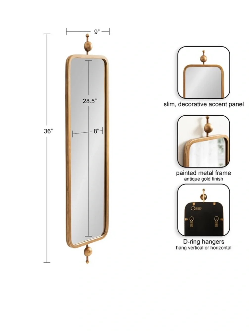 Brass-Tone Rectangular Wall Mirror with Decorative Finials - 9” x 36”